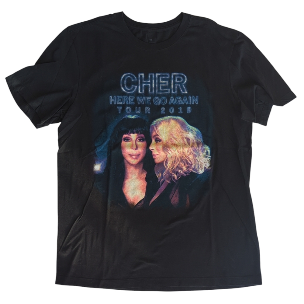 Cher "Here We Go Again Tour 2019" Graphic Short Sleeve Tee Shirt MEDIUM Black